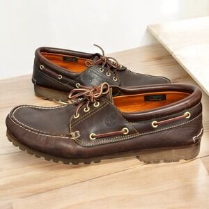 Timberland 3 Eye Lug Boat Shoes Mens Sz 15 Brown Leather Handsewn Casual Shoes